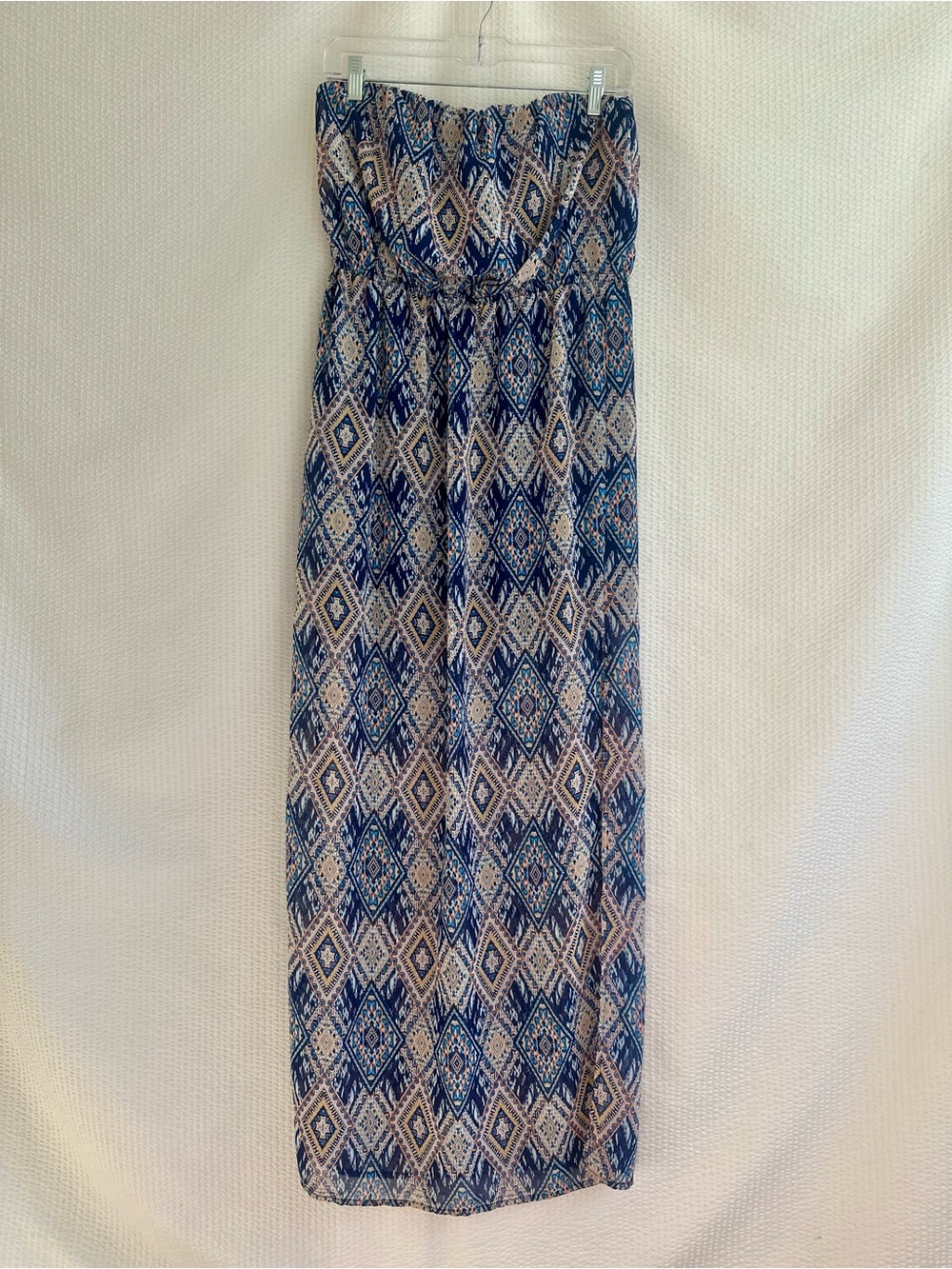 I’m in Love with Derek Strapless Maxi Dress Blue Tribal Boho Empire Waist Medium